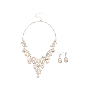 French style pearl and diamond drop necklace and earrings jewelry set for women