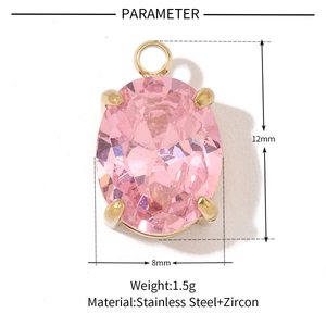 Pink zircon oval pendant in gold stainless steel with detailed product dimensions