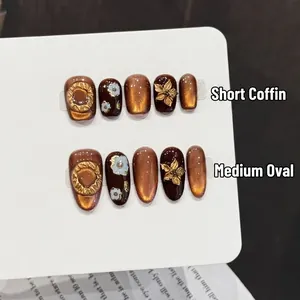 Vintage Brown Gradient Cat Eye Press On Nails With 3D Gold Flower Relief Luxury Handmade False Nails For Women Party