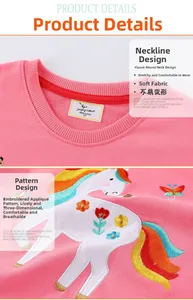 Close-up of pink girl sweatshirt with detailed unicorn embroidery and rainbow mane decor