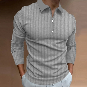 Men's grey vertical stripe quarter-zip polo shirt with long sleeves and stand collar