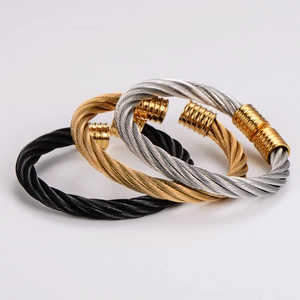 Three-color twisted cable stainless steel open bangles in gold, silver, and black finish