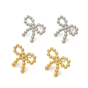 Minimalist stainless steel bow stud earrings in gold and silver with beaded texture