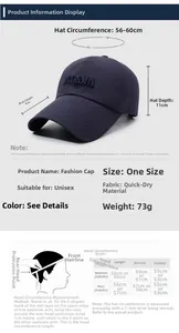 Guide des tailles pour casquette de baseball séchage rapide, tour de tête 56-60cm et bord 9cm