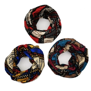 Three-pack vintage patterned knit infinity scarves in vibrant geometric wave designs