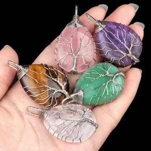 Natural crystal agate tree of life wire wrapped water drop pendants in five assorted colors