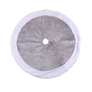 Gray Christmas tree skirt with white plush trim and festive embroidered holiday lettering