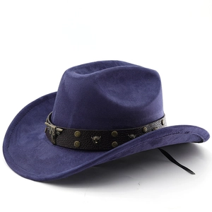 Detail of dark purple faux suede cowboy hat featuring metal bull head and rivets