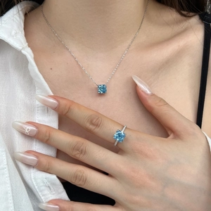 Luxurious S925 sterling silver jewelry set featuring square ice-cut blue zircon stones