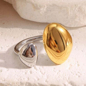 Geometric Irregular Asymmetrical Two Tone Gold Silver Stainless Steel Open Ring Minimalist Polished Jewelry For Women