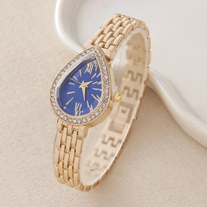 Fashionable gold teardrop quartz watch with blue dial and sparkling crystal bezel