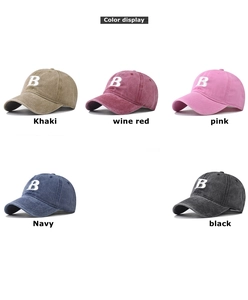 Detailed color display of washed cotton baseball caps with embroidered letter B