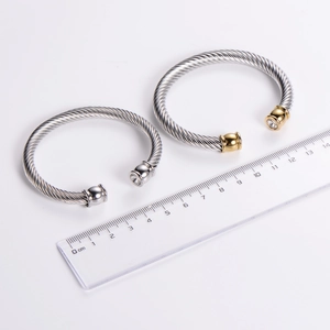 7mm wide stainless steel cable twist cuff bracelet with zircon in silver and gold tones