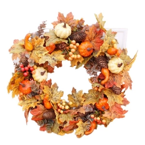 Fall wreath with maple leaves, pumpkins, and pinecones for Thanksgiving home door decor