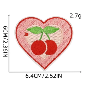 Macro shot of pink heart cherry patch with 2.7g weight and 6.4cm dimension markings