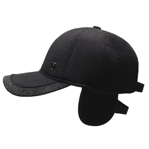 Men's winter baseball cap with foldable ear flaps in black wool blend fabric