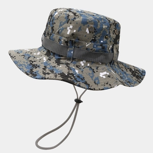 Detail of digital camouflage sun hat featuring metal vents and adjustable chin strap