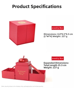 Red cube jewelry box with gold rose design, multi-layer unfolding drawers, 8.8x8.5x8.5 cm