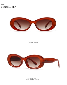Front and side view of retro oval thick-frame sunglasses in translucent tea brown