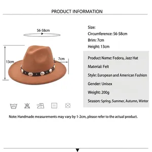 Size guide for unisex wool fedora hat with leather belt, brim 7cm, circumference 56-58cm