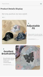 Detail of floral lace baseball cap with 3D butterfly sequins and adjustable metal buckle