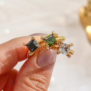 Stackable 18K gold plated stainless steel rings with square colorful zircon stones