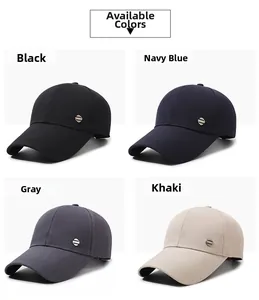 Detail showing baseball caps in black, navy blue, dark grey, and khaki twill fabrics