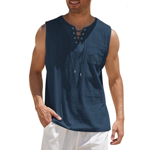 Men's navy blue cotton linen sleeveless shirt with V-neck lace-up and chest pocket