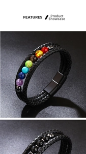 Macro detail of multi-layer braided leather bracelet with seven colorful chakra gemstone beads