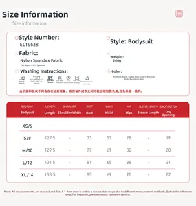 Size chart for yoga bodysuit ELT9528 detailing polyamide and elastane fabric metrics