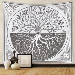 Detail of life tree tapestry with sun and moon astrology art for room wall decoration