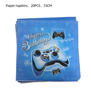 Close-up of 20pcs blue gamer napkins with Level Up prints and gamepad motifs
