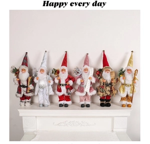 Detailed collection of six 18-inch standing Santa Claus dolls in various festive outfits