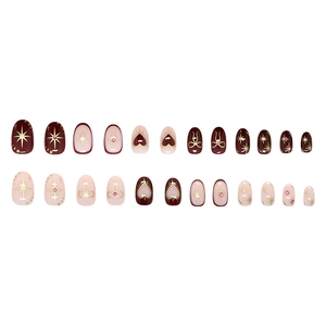 Vintage burgundy and pink press-on nails with sparkling star and bow designs, 24 pieces set