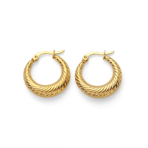 Macro detail of 18k gold plated stainless steel hoop earrings with twisted texture