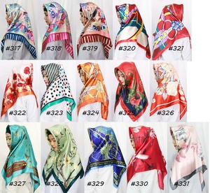 Collage of 90cm satin square scarves in 15 vibrant patterns and floral silk textures