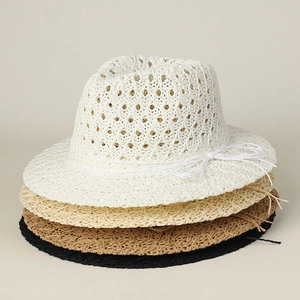 Women Summer Sun Fedora Hat Hollow Crochet Woven Cotton Polyester Breathable Wide Brim Beach Vacation Jazz Hat With Bow