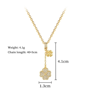 Detail of clover tassel necklace with gold plating and sparkling crystals showing dimensions