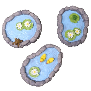 Miniature resin pond ornaments set with faux stones lotus lily pads and tiny animal figures