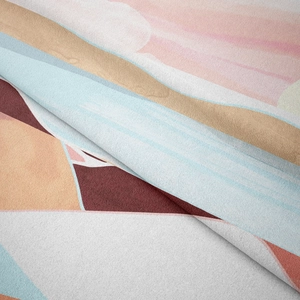 Detailed macro view of soft flannel wall tapestry with colorful geometric abstract patterns