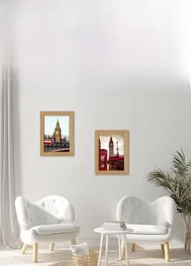 Minimalist light wood picture frames set displayed on a white wall in a modern room