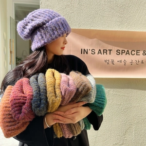Detail of chunky knit beanie texture in diverse winter colors with rolled edge finish