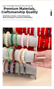 Three-tier display stand showcasing various multi-color beaded bracelets with natural stones