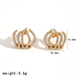 Gold five-claw curved stud earrings with white rhinestones and dimensions for women
