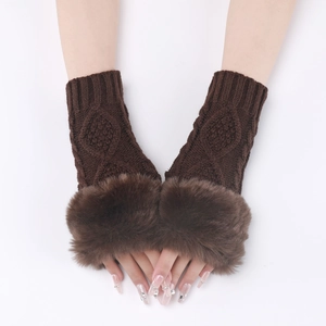 Close-up of coffee brown knit fingerless gloves with fluffy faux fur cuffs and cable pattern
