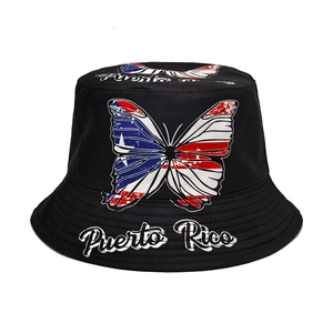 Puerto Rico Flagge Schmetterling Muster Fischerhut Polyester Sonnenschutz Outdoor Reisen Vintage Unisex