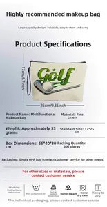 Detailed size specifications and washing instructions for the Golf linen cosmetic bag
