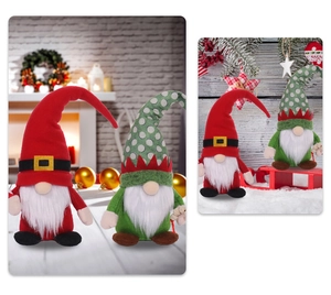Detail of Christmas gnomes with felt hats and long white beards by a cozy fireplace