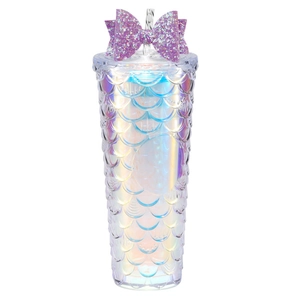 Holographic scales tumbler with straw and a sparkling purple sequin bow decoration