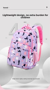 Close-up of lightweight purple geometric camo school backpack with pink mesh side pockets
